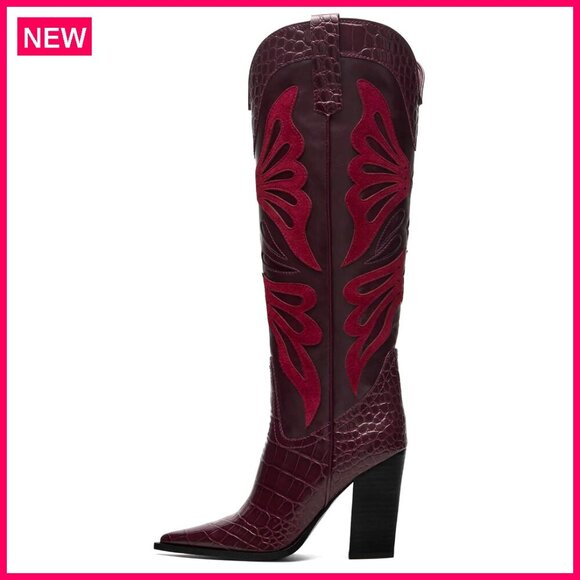 Shoes - Pointed Toe Knee High Cowboy Boots with Chunky Heel and Side Zipper